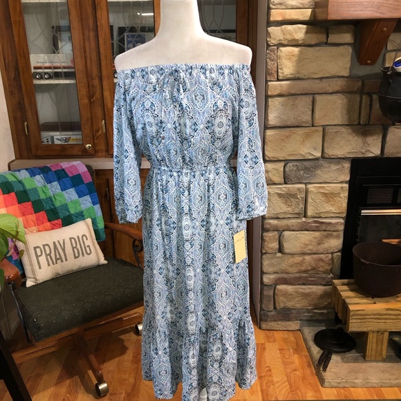 NWT BEBOP SIZE LARGE MULTICOLORED BLUE & WHITE ON/OFF SHOULDER DRESS - Picture 2 of 4